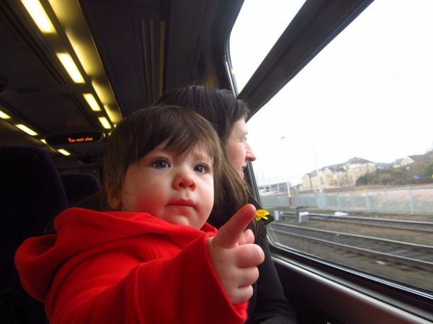 A young child points out of a train window